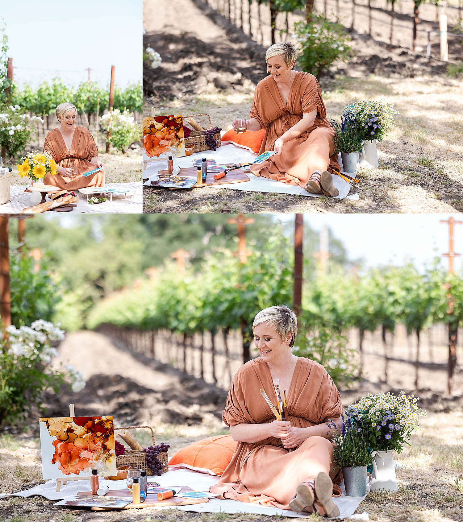 blonde in orange dress has picnic by San Fransisco brand photographer