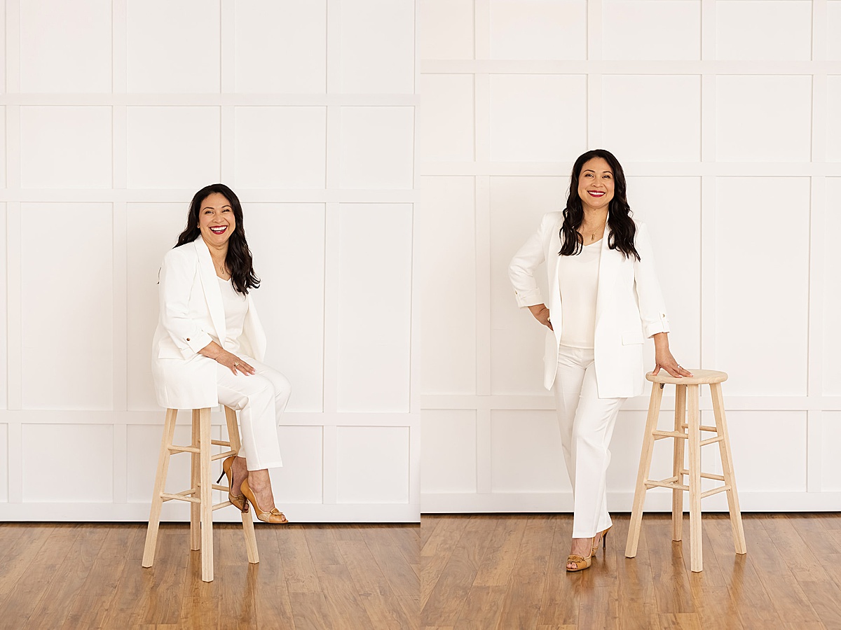 Women sitting on chair posing during her brand photo shoot