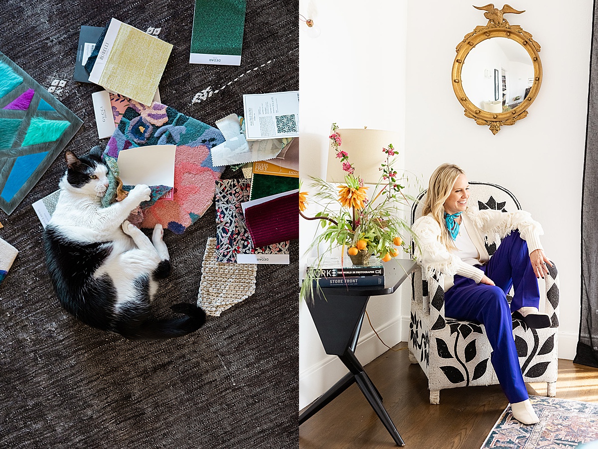 Women's cat cuddling with fabric samples during her photoshoot with a San Francisco Brand Photographer 
