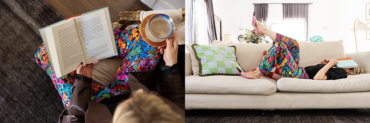 a women reading and relaxing on couch during an Interior Design Photoshoot