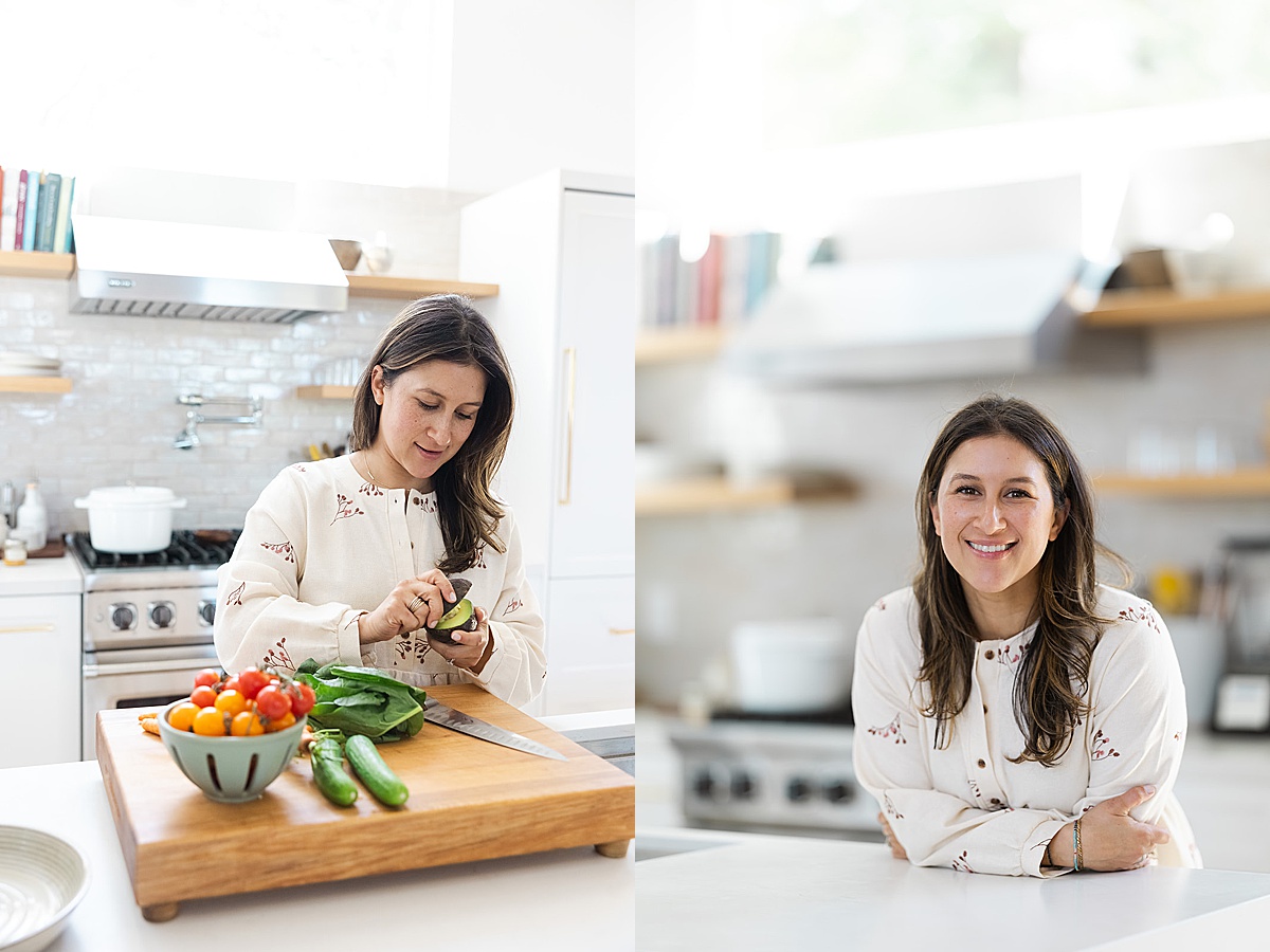 women cutting veggies on counter during her session with a San Francisco Branding Photographer