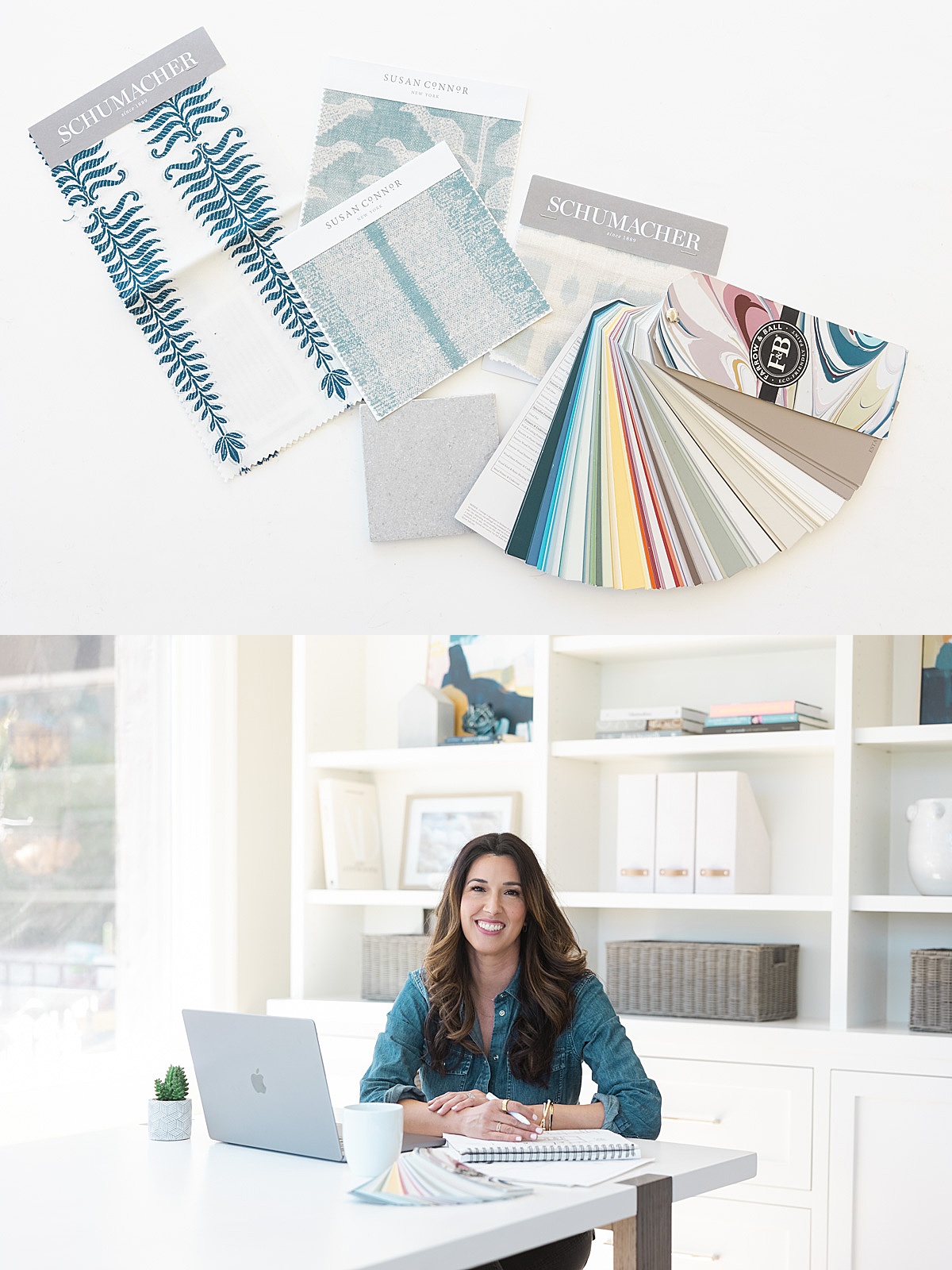 interior designer sitting at table during her brand photoshoot