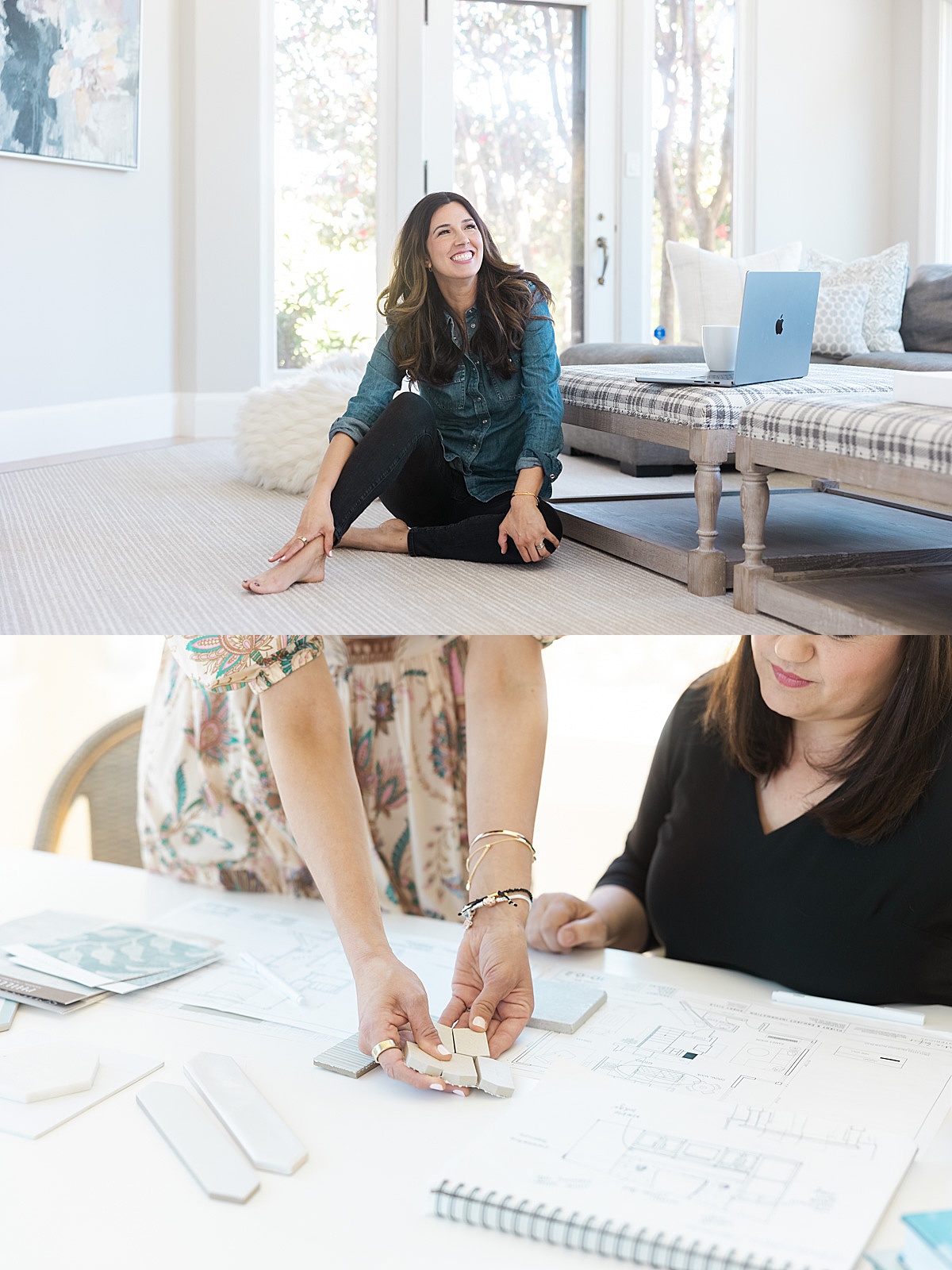 Interior Designer sitting on floor and smiling during her shoot