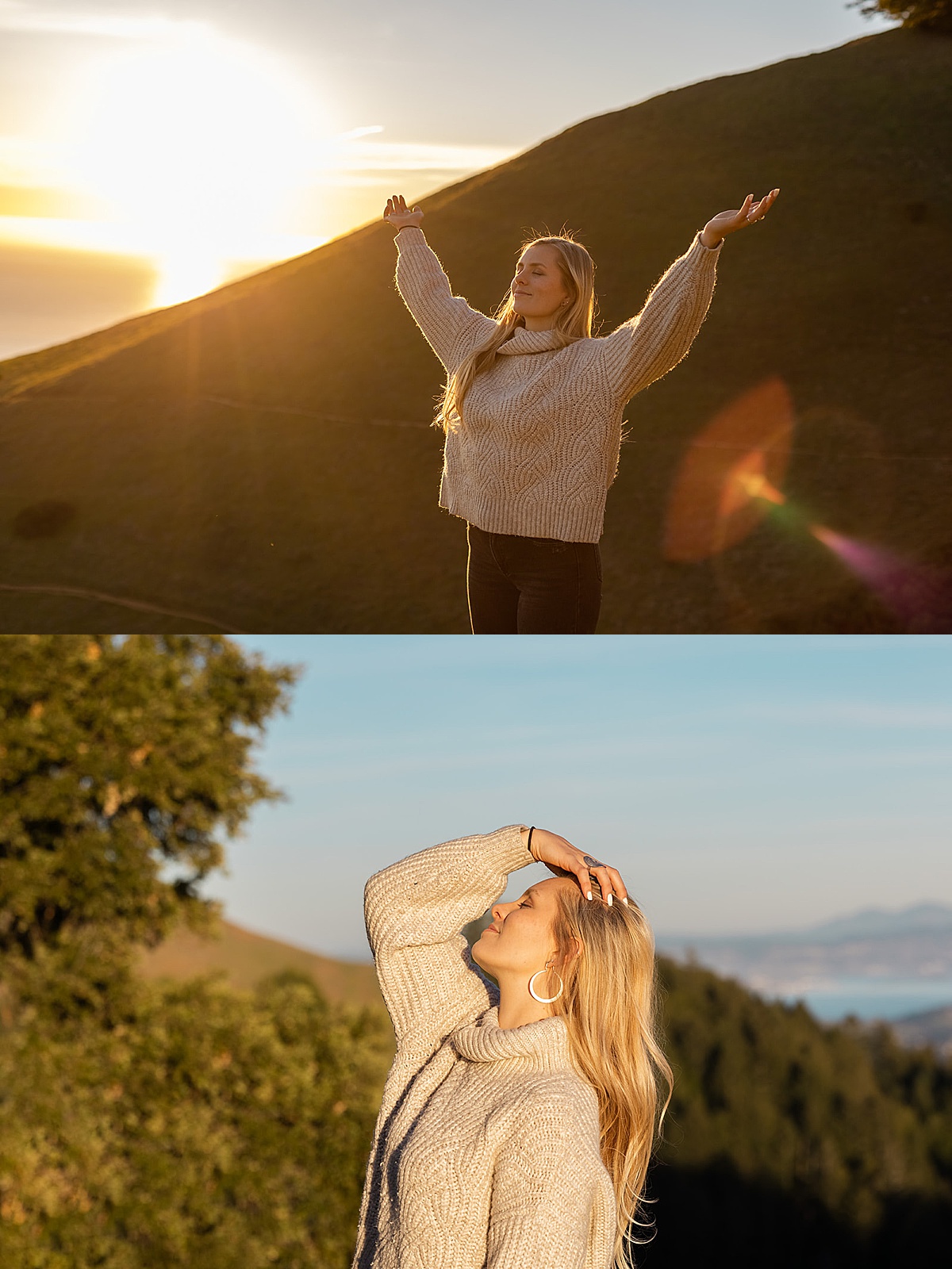 women in a long sleeve sweater opening her hands during golden hour for her shoot with a San Francisco Brand Photographer
