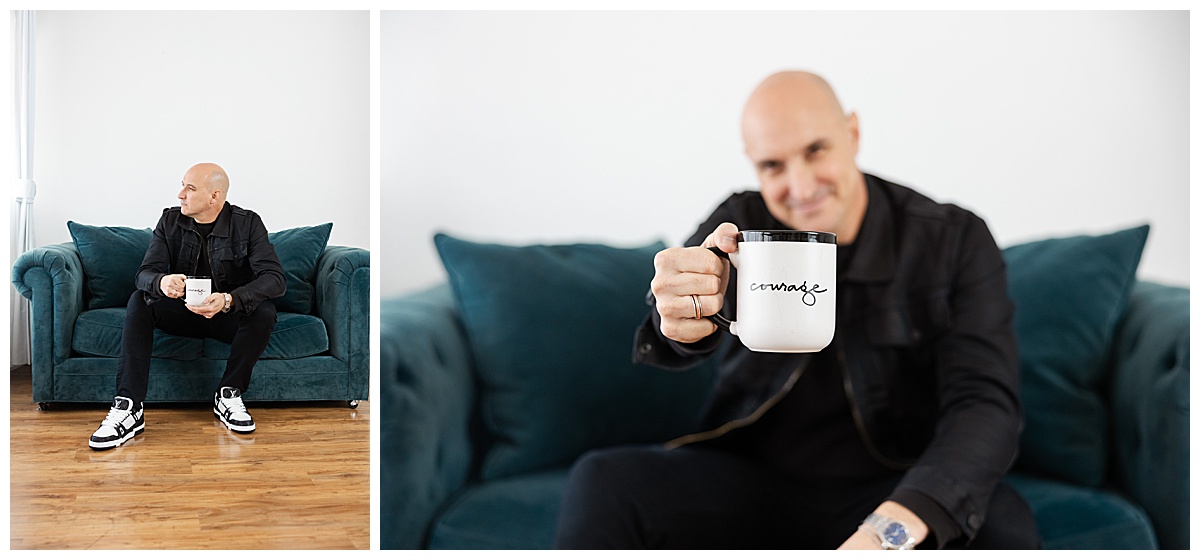 Adult holds up mug as an example of Men’s Brand Photoshoot Ideas